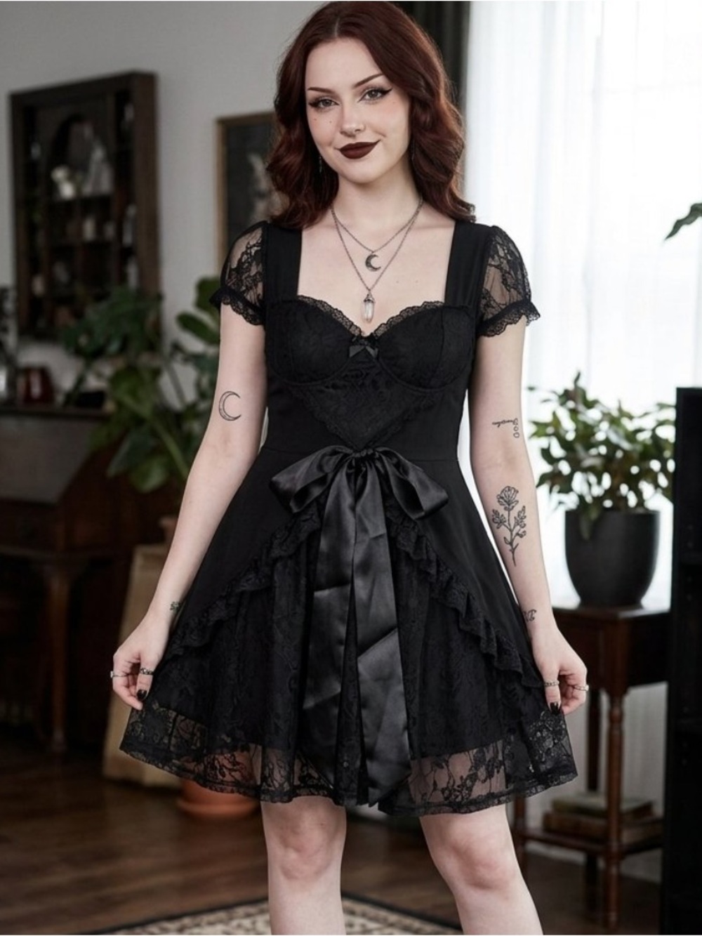 Killstar Black Lace Mini Dress with Satin Waist Tie